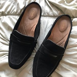 Clarks black suede mules / loafers